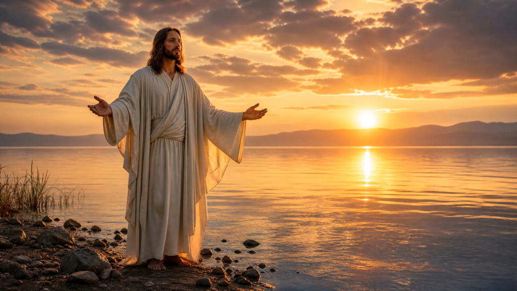 Jesus Christ standing at sunrise on calm lake shore