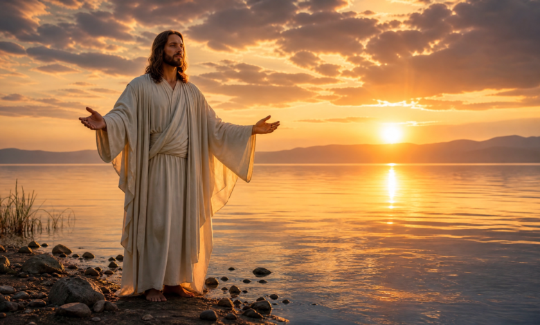 Jesus Christ standing at sunrise on calm lake shore
