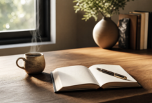 an open notebook with a fountain pen