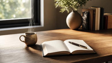 an open notebook with a fountain pen