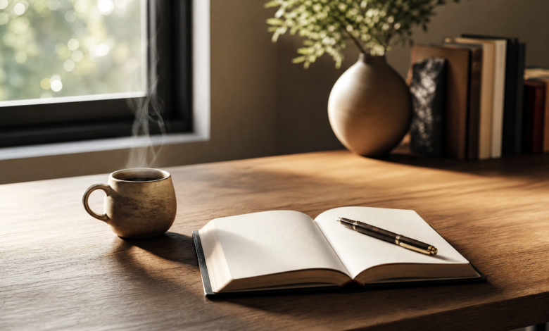 an open notebook with a fountain pen